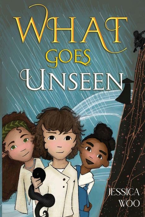 „What Goes Unseen“ und „Jessica Woo“. Drei Kinder, lächelnd, mit einem Tier, vor einem stilisierten Hintergrund.