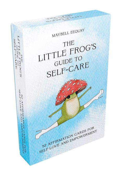 Text: "The Little Frog’s Guide to Self-Care", "52 Affirmation Cards". Illustration: Frosch im Spagat mit Fliegenpilzhut.