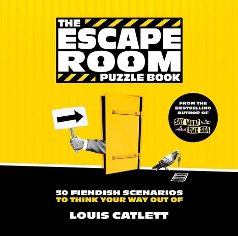"The Escape Room Puzzle Book" in großen weißen Buchstaben auf gelbem Hintergrund; eine Hand zeigt mit einem Pfeil.