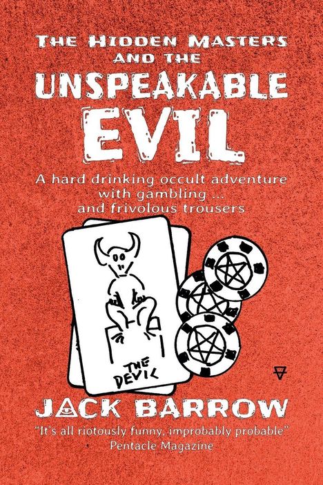 "The Hidden Masters and the Unspeakable Evil" in großen Buchstaben, darunter Spielkarten und Tarot-Symbole auf rotem Hintergrund.