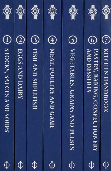 1: Stocks, Sauces and Soups  
2: Eggs and Dairy  
3: Fish and Shellfish  
4: Meat, Poultry and Game  
5: Vegetables, Grains and Pulses  
6: Pastry, Baking, Confectionery and Desserts  
7: Kitchen Handbook  
  
  
Sieben blaue Buchrücken in einer Reihe.