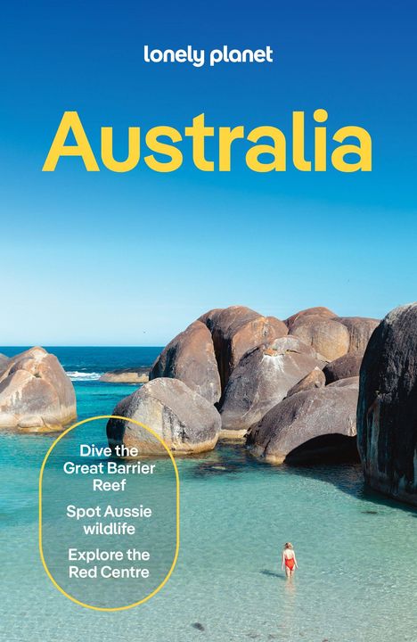 Text oben: "lonely planet". Groß: "Australia".  
Im Vordergrund klarem Wasser und Felsen. Person in roter Badebekleidung.