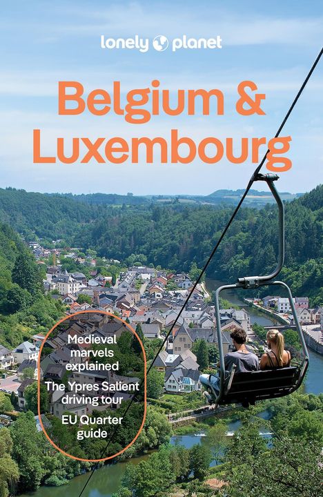 "Belgium & Luxembourg", "Medieval marvels explained", "The Ypres Salient driving tour", "EU Quarter guide". Sitzlift über Dorf.