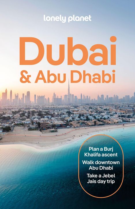 Text: "Dubai & Abu Dhabi. Visit Jebel Jais, Walk downtown Abu Dhabi, Enjoy views from the Burj Khalifa." Skyline und Strand.