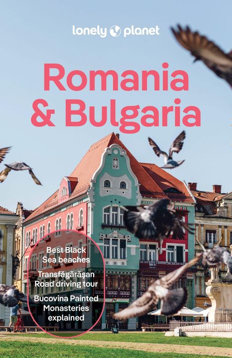 Reisebuch mit buntem Gebäude, fliegenden Tauben, Texten zu Stränden, Transfăgărășan-Tour und Bukowina Klöstern.