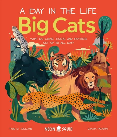 Titel: "Big Cats". Untertitel: "What do lions, tigers, and panthers get up to all day?". Illustration von großen Katzen in einer Dschungelszene.
