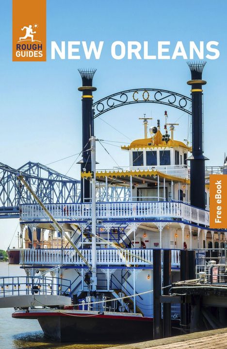 Text: "NEW ORLEANS", "Free eBook", "ROUGH GUIDES" Logo oben links. Bild eines Schaufelraddampfers vor einer Brücke.