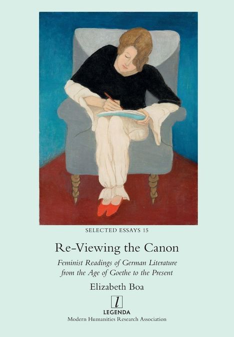 SELECTED ESSAYS 15, Titel: Re-Viewing the Canon, Autorin: Elizabeth Boa, Illustration: Frau schreibt in Notizbuch.