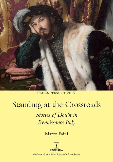 "Standing at the Crossroads" von Marco Faini. Mann im historischen Gewand lehnt nachdenklich, opulente Vorhänge im Hintergrund.