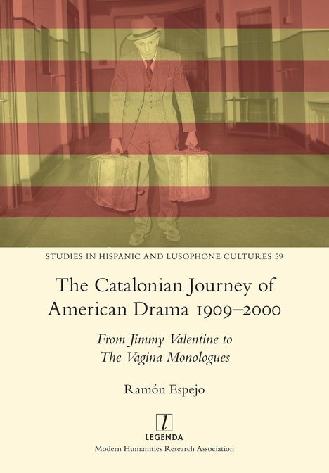 „The Catalonian Journey of American Drama 1909–2000“ von Ramón Espejo. Ein Mann in Anzug mit Koffern, gestreifte Farbfilter.