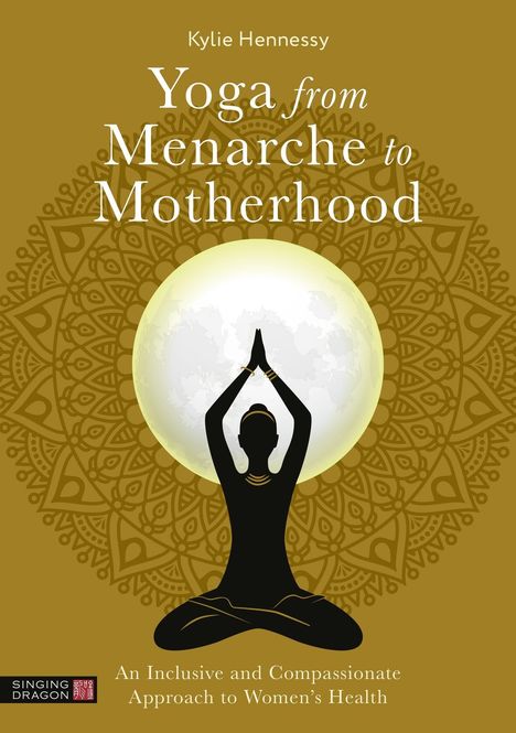 „Yoga from Menarche to Motherhood“ über mandalaartigen Hintergrund. Silhouette einer meditierenden Frau.