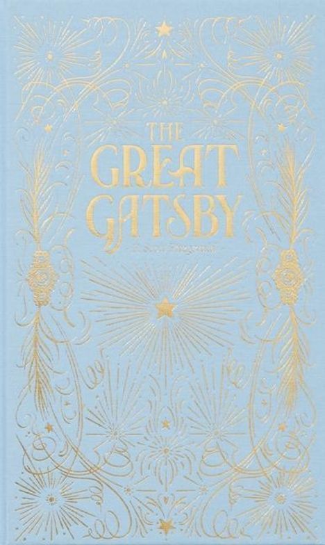 "The Great Gatsby" in goldener Schrift. Verschnörkeltes Design mit goldenen Ornamenten auf hellblauem Hintergrund.