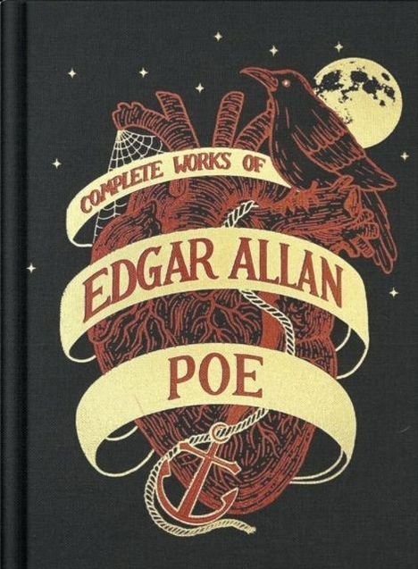 "Complete Works of Edgar Allan Poe" steht auf Bändern um ein anatomisches Herz mit Rabe und Mond.