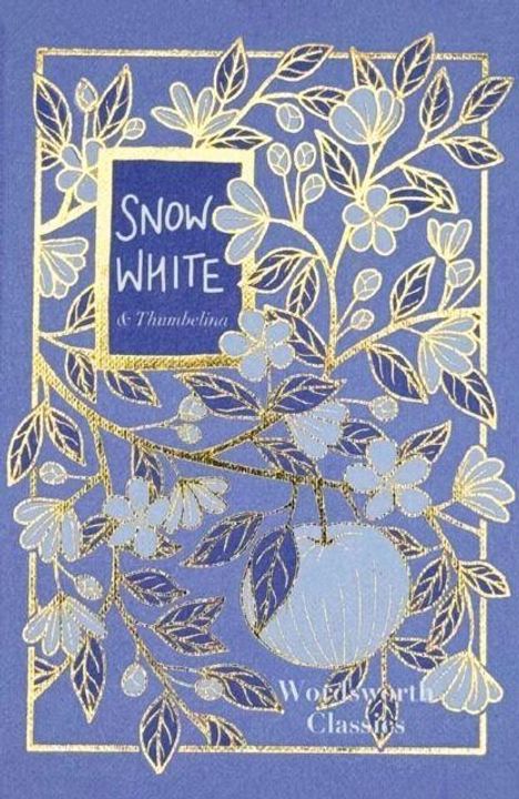 "Snow White" oben und "Wordsworth Classics" unten auf blauem Hintergrund. Goldene Blumen und Blätter umrahmen den Text.