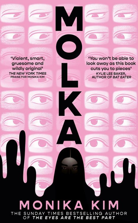 "MOLKA" in großen Buchstaben. Viele Augen im Hintergrund, dunkle Gestalt unten. Text über Buchrezensionen.