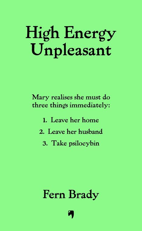 Text: "High Energy Unpleasant. Mary realises she must do three things immediately..." Name: Fern Brady. Hellgrüner Hintergrund.