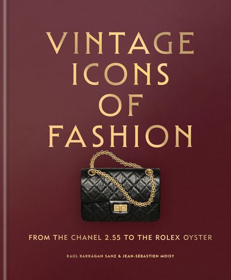 „VINTAGE ICONS OF FASHION“, schwarze Tasche mit goldener Kette, bordeauxroter Hintergrund.