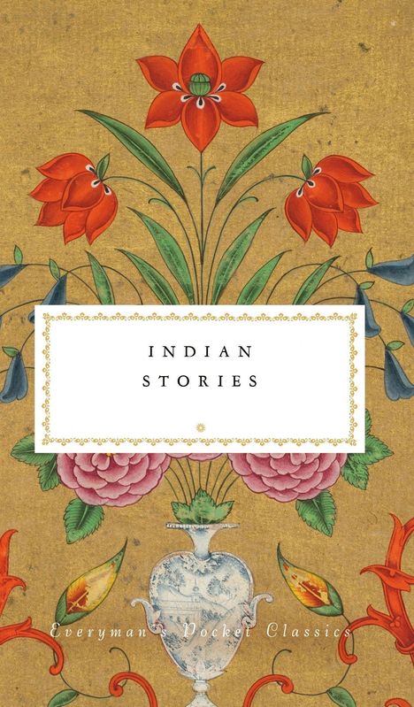 "Indian Stories" in elegantem Rahmen. Illustration mit roten, orangefarbenen und blauen Blüten auf goldfarbenem Hintergrund.