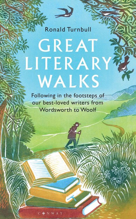 „Great Literary Walks“ von Ronald Turnbull. Illustration: Bücher stapeln sich auf einem Pfad durch eine grüne Landschaft.