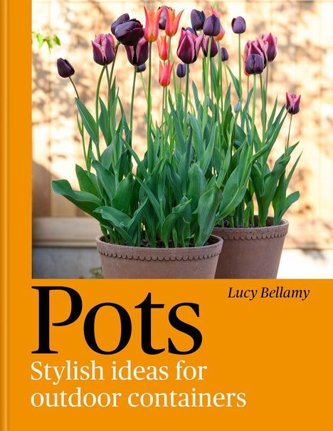 „Pots: Stylish ideas for outdoor containers“ von Lucy Bellamy. Tulpen in Blumentöpfen vor hellem Hintergrund.