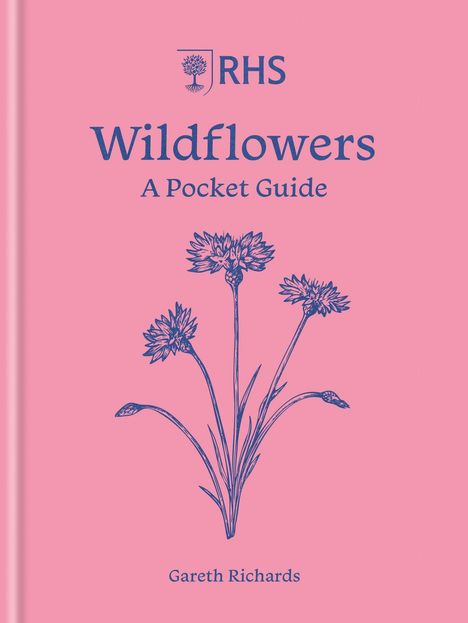 "Wildflowers: A Pocket Guide" von Gareth Richards. Oben ein RHS-Logo. Illustration: Skizze von Wildblumen auf rosa Hintergrund.
