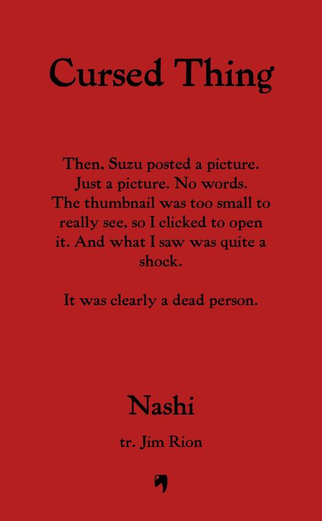 Titel: "Cursed Thing". Text beschreibt Schock nach Ansehen eines Bilds. Namen: Nashi, Übersetzer: Jim Rion. Roter Hintergrund.