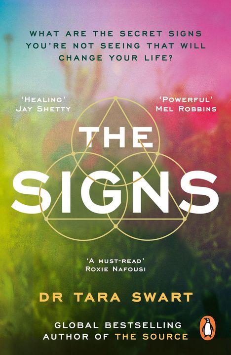 „What are the secret signs you're not seeing that will change your life?“ Text auf buntem Hintergrund, mit geometrischen Formen.