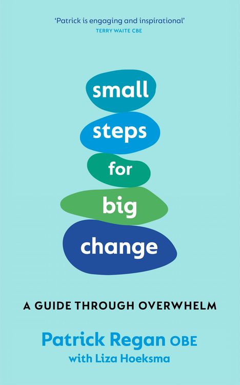 "Small steps for big change" in bunten, übereinanderliegenden Formen. Autor: Patrick Regan OBE mit Liza Hoeksma.
