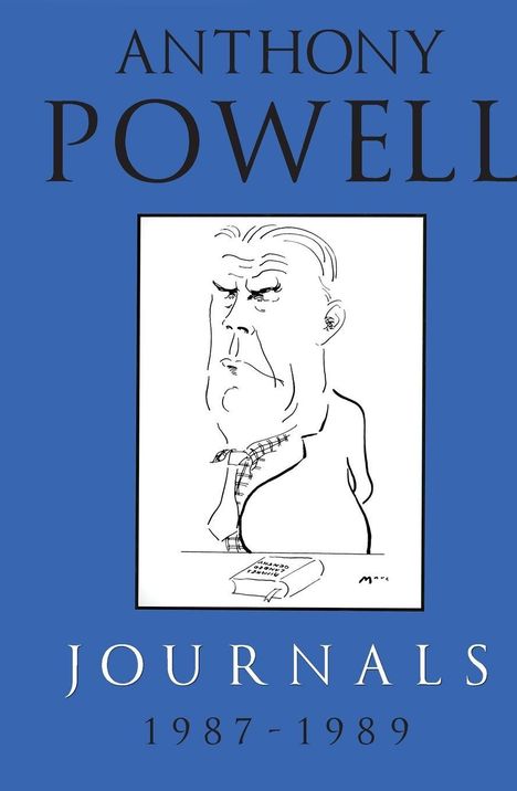 "ANTHONY POWELL JOURNALS 1987-1989" in Blau. Schwarz-weiße Karikatur eines nachdenklichen Mannes mit Buch.