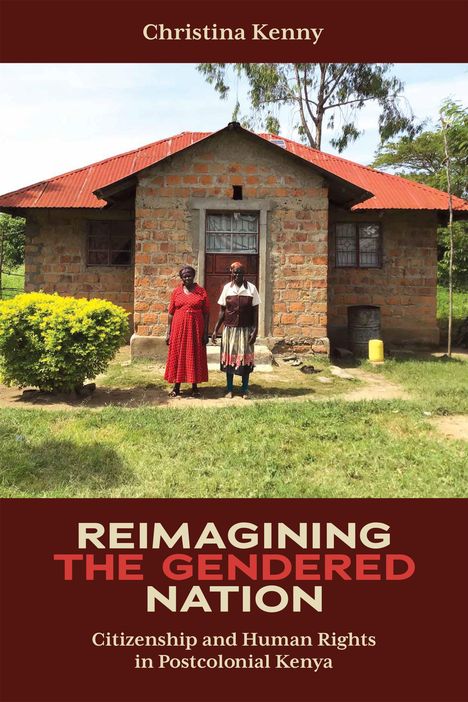 Titel: "Reimagining the Gendered Nation". Zwei Frauen stehen vor einem kleinen Backsteinhaus mit rotem Dach.