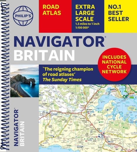 "PHILIP’S ROAD ATLAS. EXTRA LARGE SCALE. NO.1 BEST SELLER. NAVIGATOR BRITAIN. NATIONAL CYCLE NETWORK." Spiralbindung, Kartenansicht.