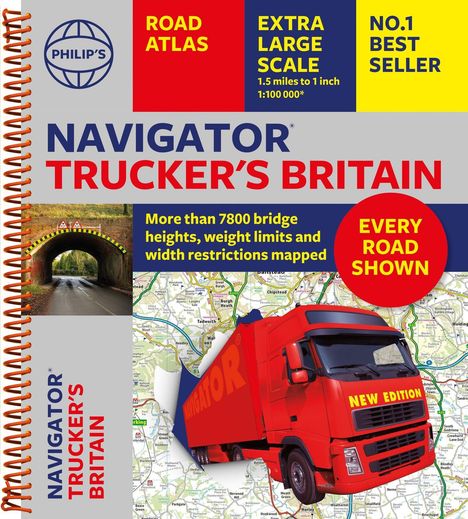„NAVIGATOR TRUCKER'S BRITAIN,“ „EVERY ROAD SHOWN.“ Roter Lastwagen über einer Landkarte, Foto eines Tunnels.