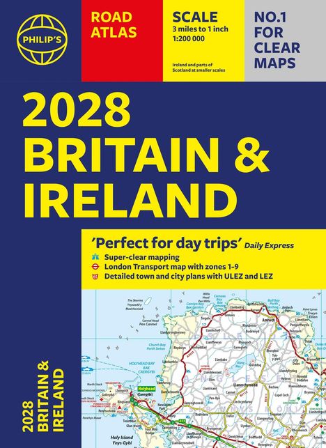 "2028 Britain & Ireland Road Atlas. Super-clear mapping, transport map zones 1-9. Blaues und gelbes Design."