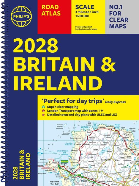 „2028 Britain & Ireland Road Atlas“ in gelber Schrift. Karteninhalte. Spiralbindung links.