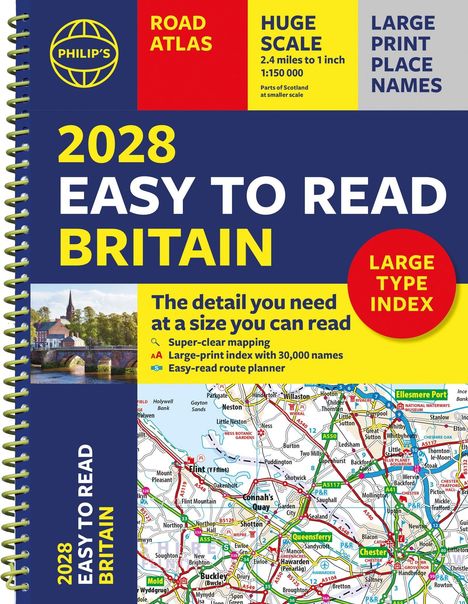 „2028 Easy to Read Britain“ in großen Buchstaben. Spiralbindung, bunte Karten und klare Beschriftungen.
