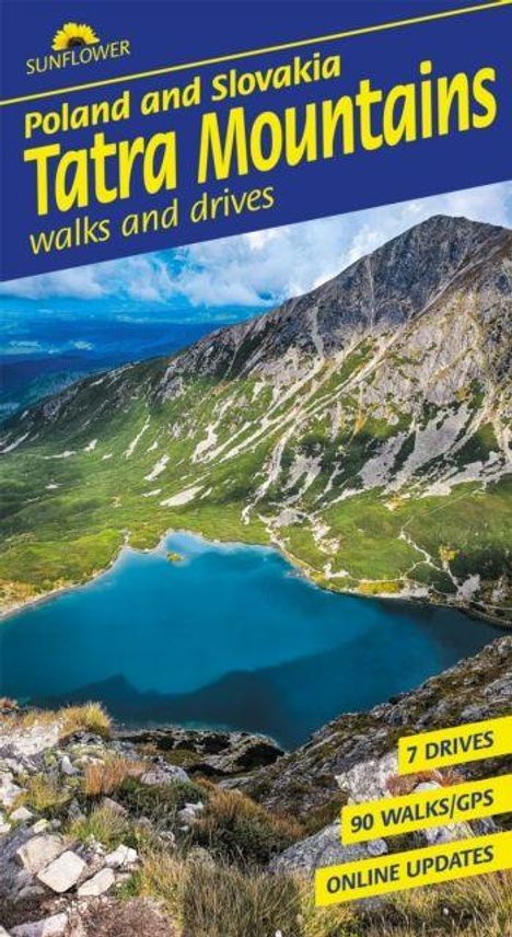 „Poland and Slovakia Tatra Mountains walks and drives.“ Ein Bergpanorama mit einem blauen See im Vordergrund.