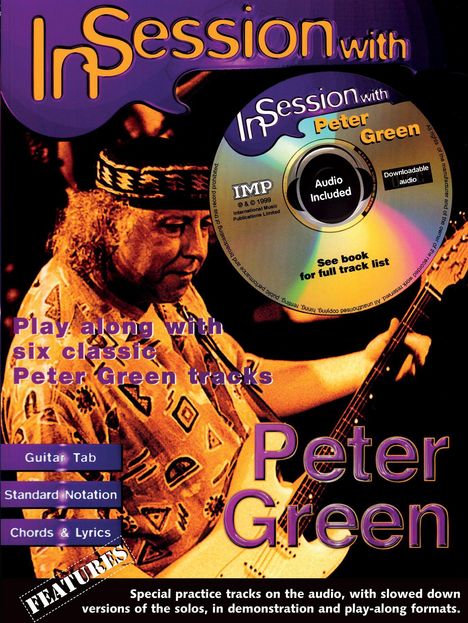 Titel: "In Session with Peter Green". Eine Person spielt Gitarre, daneben eine CD mit Audio und Notationen.