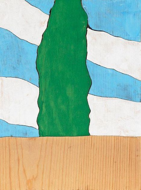 Eine Illustration: Ein grüner Baum vor streifenförmigem blau-weißem Hintergrund, brauner Boden unten.