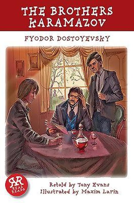 "The Brothers Karamazov" von Fyodor Dostoyevsky. Drei Männer diskutieren an einem Tisch in einem stilvollen Raum. Logo unten links.