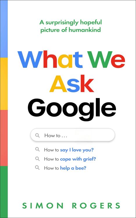 Titel: "What We Ask Google". Fragen: "How to say I love you?", "How to cope with grief?", "How to help a bee?". Autor: Simon Rogers.