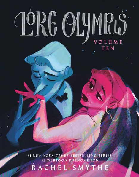 Text oben: "Lore Olympus Volume Ten". 
Illustration zeigt zwei stilisierte Figuren in Blau und Rosa, eng umschlungen.
