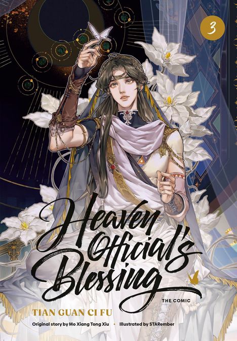 "Heaven Official's Blessing", Band 3, Illustration eines eleganten Charakters mit Blumen und Schmetterling.