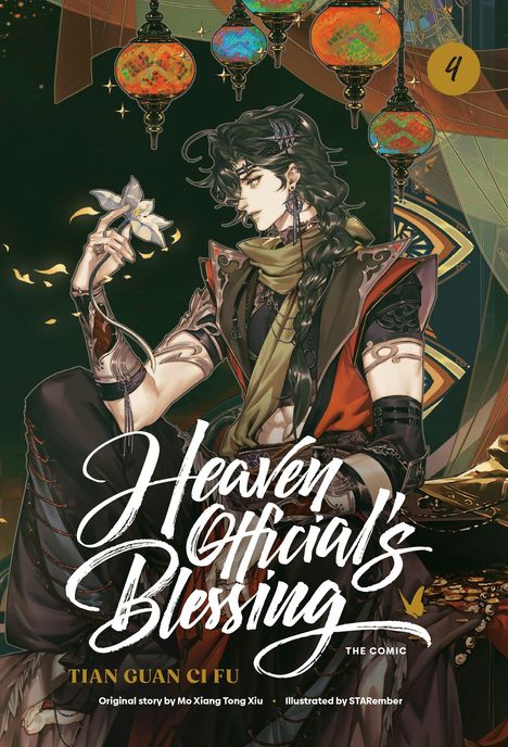 „Heaven Official's Blessing“, Tian Guan Ci Fu, Comic. Mann mit dunklem Haar, hält Blume, umgeben von Laternen.