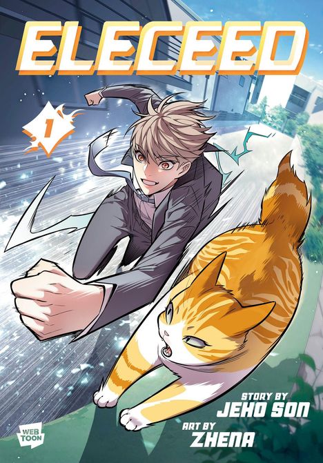 "ELECEED" oben in großen, gelben Buchstaben, darunter ein Junge und eine Katze in Bewegung.