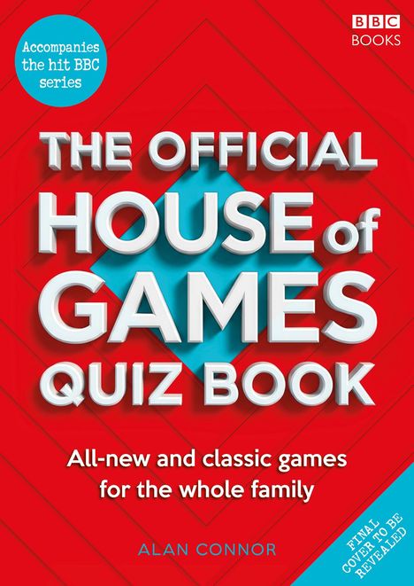 „The Official House of Games Quiz Book“, begleitet BBC-Serie, Spiele für die Familie. Roter Hintergrund mit blauen Akzenten.