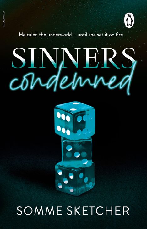 "SINNERS condemned" steht in großen Buchstaben. Darunter türmen sich leuchtend blaue Würfel auf schwarzem Hintergrund.