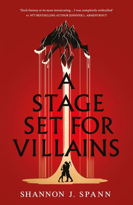 Buchtitel: "A Stage Set for Villains", Autor: Shannon J. Spann. Dunkle Silhouette von Figuren vor rotem Hintergrund.