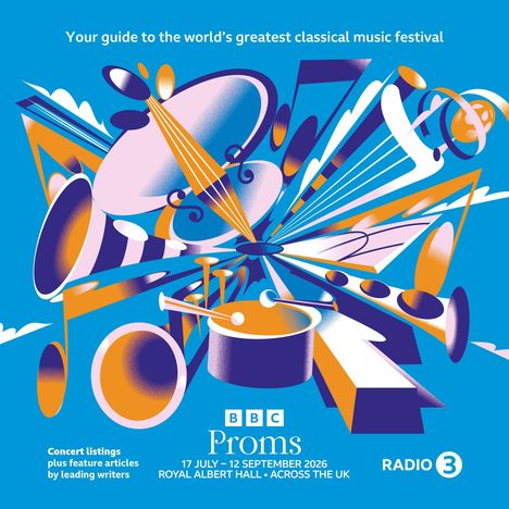 "Your guide to the world's greatest classical music festival. Illustration mit Instrumenten und dynamischen Formen."