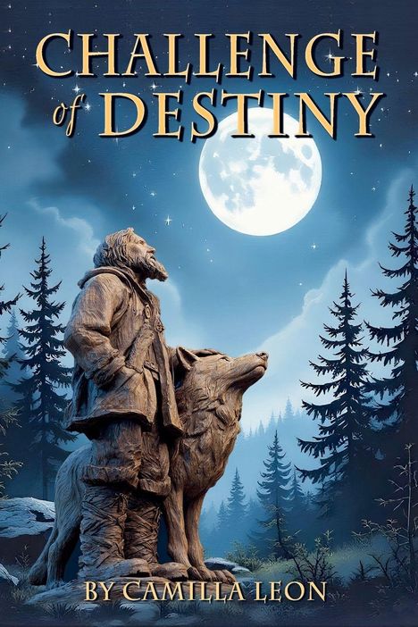 "CHALLENGE OF DESTINY" und "BY CAMILLA LEON" über einer Statue eines Mannes mit Wolf im Wald bei Vollmond.