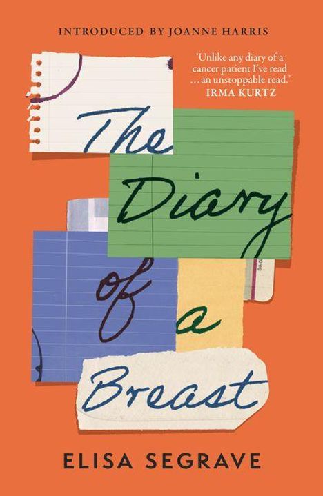 Text: "The Diary of a Breast", "Introduced by Joanne Harris", Zitat von Irma Kurtz. Collage aus Notizpapier auf orangefarbenem Hintergrund.